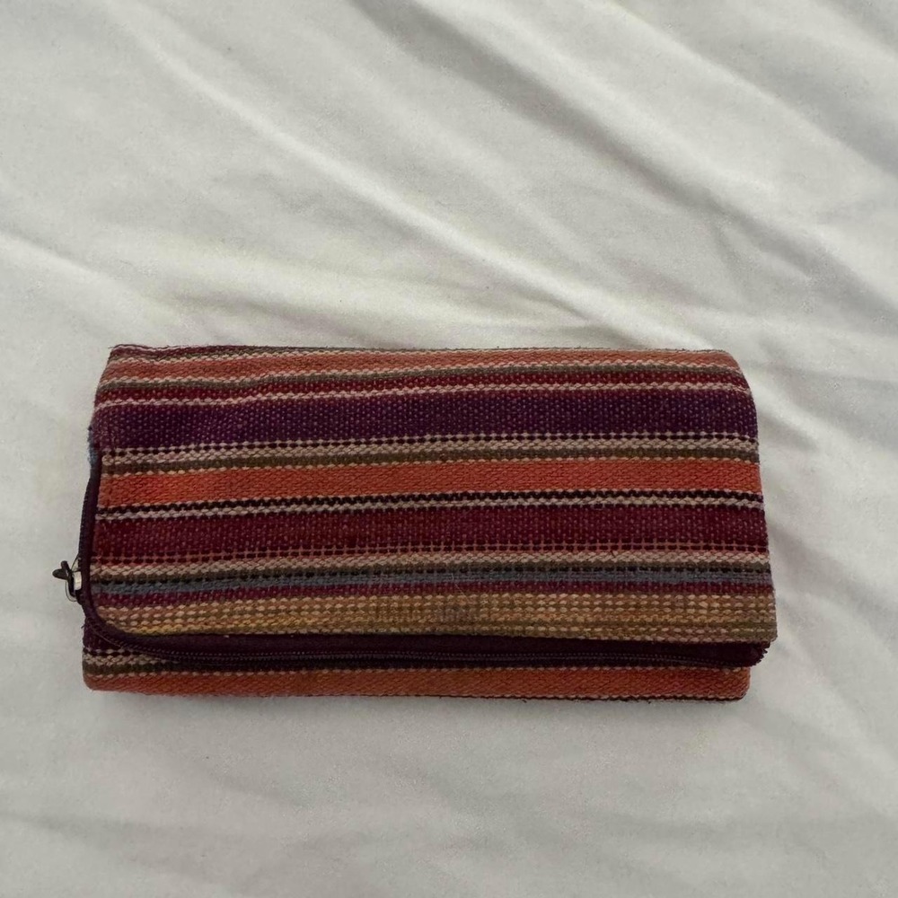 Boho Woven Striped Trifold Wallet Multi Color Fabric Faux Leather Interior